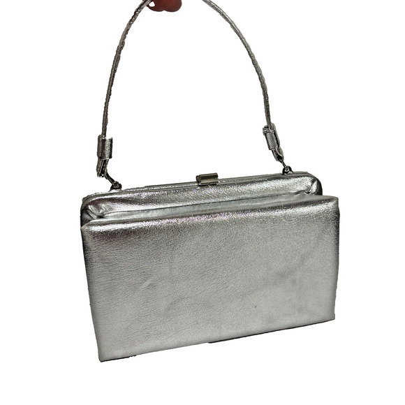 Vintage Silver Metallic Evening Bag Mid Century Top Handle Dressy Event Purse - Picture 2 of 10